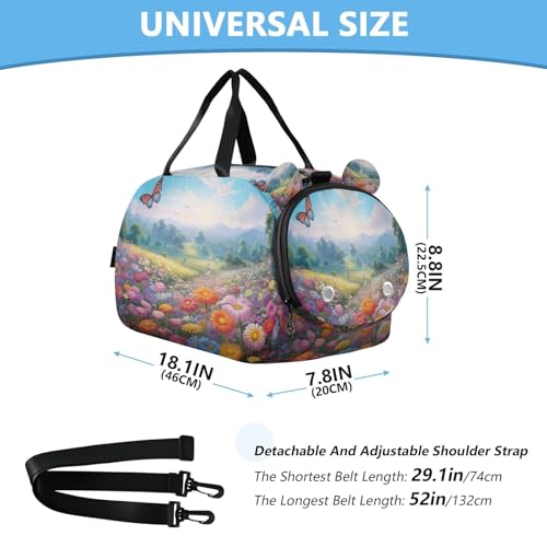 YETTASBIN Sport Travel Duffel Bag for Girls Boys, Butterfly Flower Large Waterproof Weekender Overnight Bag, Detachable Shoulder Strap Gym Bag with Shoe Compartment & Wet Pocket3