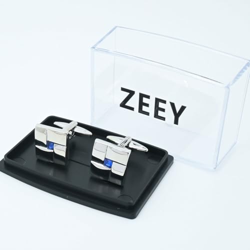 Mancuernillas metálicas plateadas con cristal azul para hombres y mujeres miniatura 3
