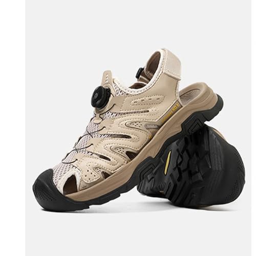 MILDSEVEN Fashion Men's Real Leather Hiking Sandals, Large Size Closed Toe Sandals, Outdoor Hollow Out Backpacking Beach Shoes,7.5,Khaki4