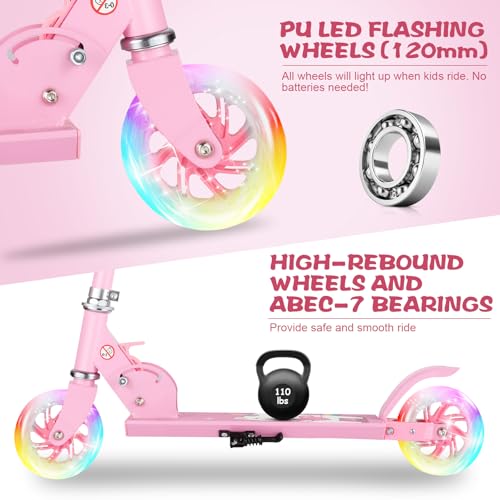 Scooter for Kids Ages 3-10 - Kids Kick Scooters with Led Light Up Wheels & 3 Levels Adjustable Handlebar, Lightweight Foldable 2 Wheel Girly Pink Scooter, Christmas Birthday Gifts for Girls Boys. - Thumbnail 3