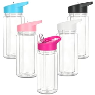 5 Pack 10 Oz Plastic Snow Globe Tumbler for Kids with Pre-Drilled Hole and Plug, Leak Proof Double Wall Snow Globe Sports Water Bottles with Portable Handle for Glitter DIY Gift, Mixed Color