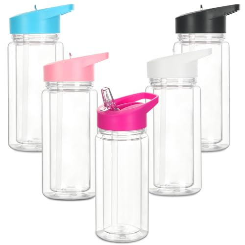 5 Pack 10 Oz Plastic Snow Globe Tumbler for Kids with Pre-Drilled Hole and Plug, Leak Proof Double Wall Snow Globe Sports Water Bottles with Portable Handle for Glitter DIY Gift, Mixed Color