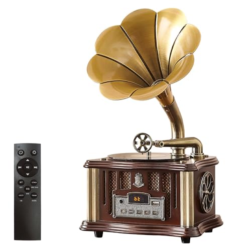 HZLSBL Vintage Gramophone Bluetooth 4.2 Phonograph Record Player All in One Built-in 2 Stereo Speakers, Simulated Vinyl Record Player Turntable,Radio AM FM Player (Coffee,Unable to Play Vinyl Records)