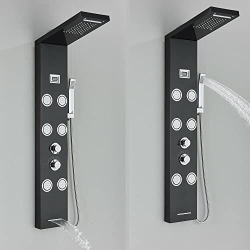 Panel de ducha de torre de acero inoxidable con sistema de lluvia, cascada y masaje corporal con chorros miniatura 4
