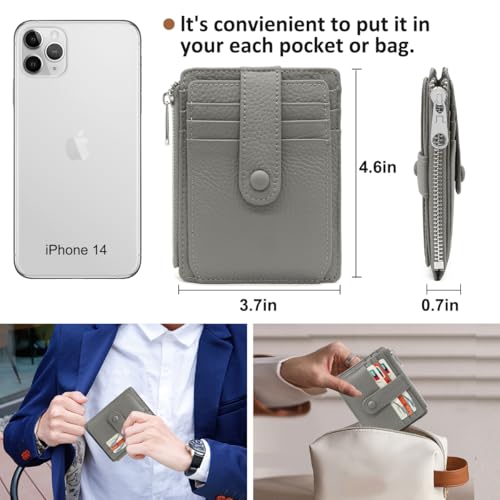 Genuine Leather Small Wallet for Women RFID Blocking Credit Card Holder Slim Minimalist Front Pocket Wallet Multi Card Case with ID Window Zipper Coin Pocket Purse(Black) (Gray)2
