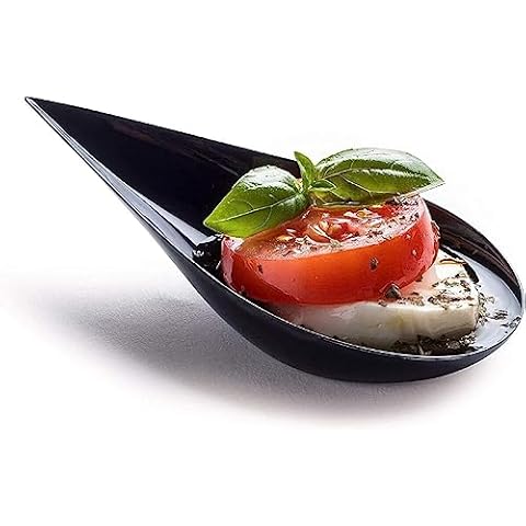 DLux 100 4-in Tear Drop Mini Appetizer Plates, Reusable Black Plastic Spoons - Desserts and Appetizers Dishes Serving Plate - Asian Spoon Set, Small Catering Dessert Tasting Cups - with Recipe Ebook Cover