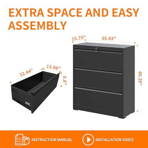 File Cabinets 3 Drawer,Metal Office Storage Filing Cabinet with Lock,Black Lateral Filing Cabinet for Home Office,Horizontal Locking File Cabinet for Legal/Letter/A4,Assembly Require,Black - Image 4
