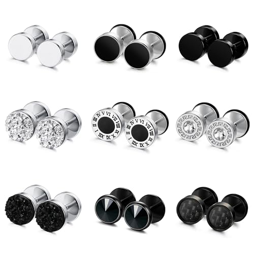FIBO STEEL 9 Pairs Fake Gauge Earrings for Men Women Stainless Steel Stud Earring Round Cheater Plug Earring Faux Gauges Ear Tunnel Mens Earrings