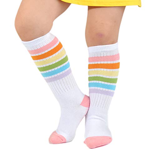 Image of Epeius Baby Girl Rainbow Striped Knee High Socks Non-Skid Uniform Tube Stockings for Infant,Toddler and Child