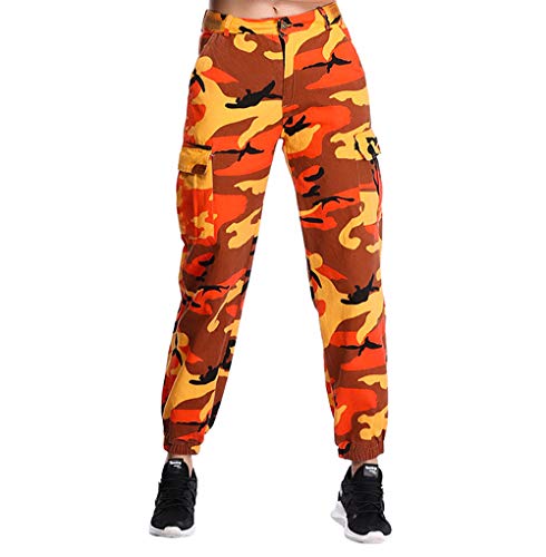 ZODLLS Women's Camo Pants Cargo Trousers Cool Camouflage Pants Elastic Waist Casual Multi Outdoor Jogger Pants with Pocket(Orange,XX-Large)