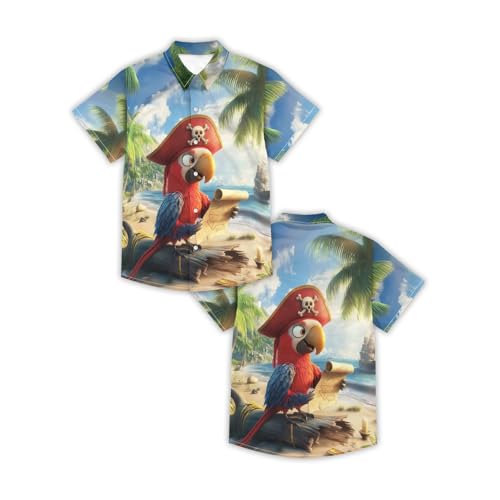 Image of THE PIRATE KING Funny Pirate Hawaiian Shirt Boys Girls Beach Tropical Casual Short Sleeve Button Down Shirt for 5-14 Years
