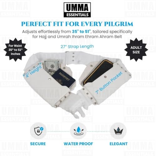 Top-Selling Ahram Ihram Belt for Hajj & Umrah – Free Size Adjustable, Anti-Theft with Button Pockets & Phone Holder, Fits Up to 51” Waist, White2