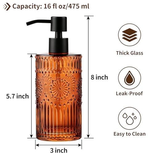 Image of Vintage Glass Soap Dispenser, 16 fl oz Refillable Liquid Hand Soap Bottle with Pump, Sunflower Embossed Dish Soap Dispenser for Bathroom, Kitchen, Shower (Amber)