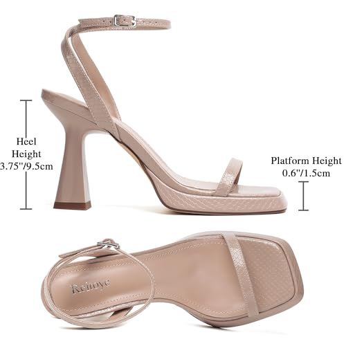 Image of Reitoye Strappy Heels for Women Platform High Chunky Heels Square Open Toe Heeled Sandals Ankle Strap Block Heels