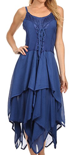 Sakkas 0131 Lady Mary Jacquard Corset Style Bodice Lightweight Handkerchief Hem Dress - Navy - OSP