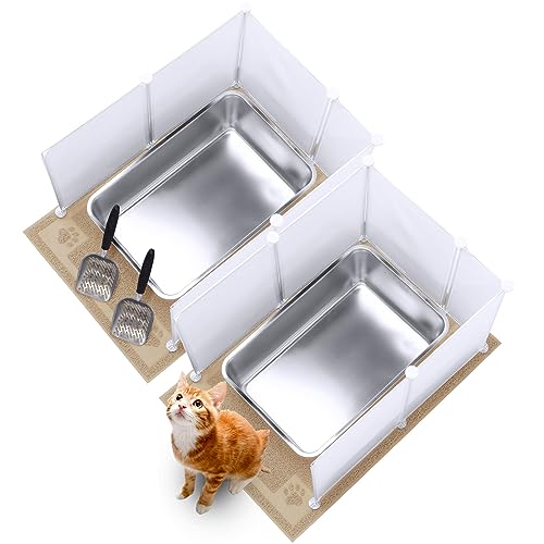 Pinkunn 2 Set Stainless Steel Cats Litter Box Large Metal Litter Box with 2 Cat Litter Scoop, 12 Litter Splash Shield and 2 Cat Litter Mat, Never Absorbs Odor (Cream White, 23.6 x 15.7 x 5.9 Inch)
