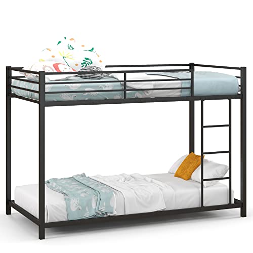 KOMFOTT-Metal-Low-Bunk-Bed-Twin-Over-Twin-Heavy-Duty-Bunk-Bed-Frame-with-Ladder-Full-Length-Guardrails-Metal-Slatted-Floor-Bed-Frame-for-Teens-Adults-No-Box-Spring-Needed-Black