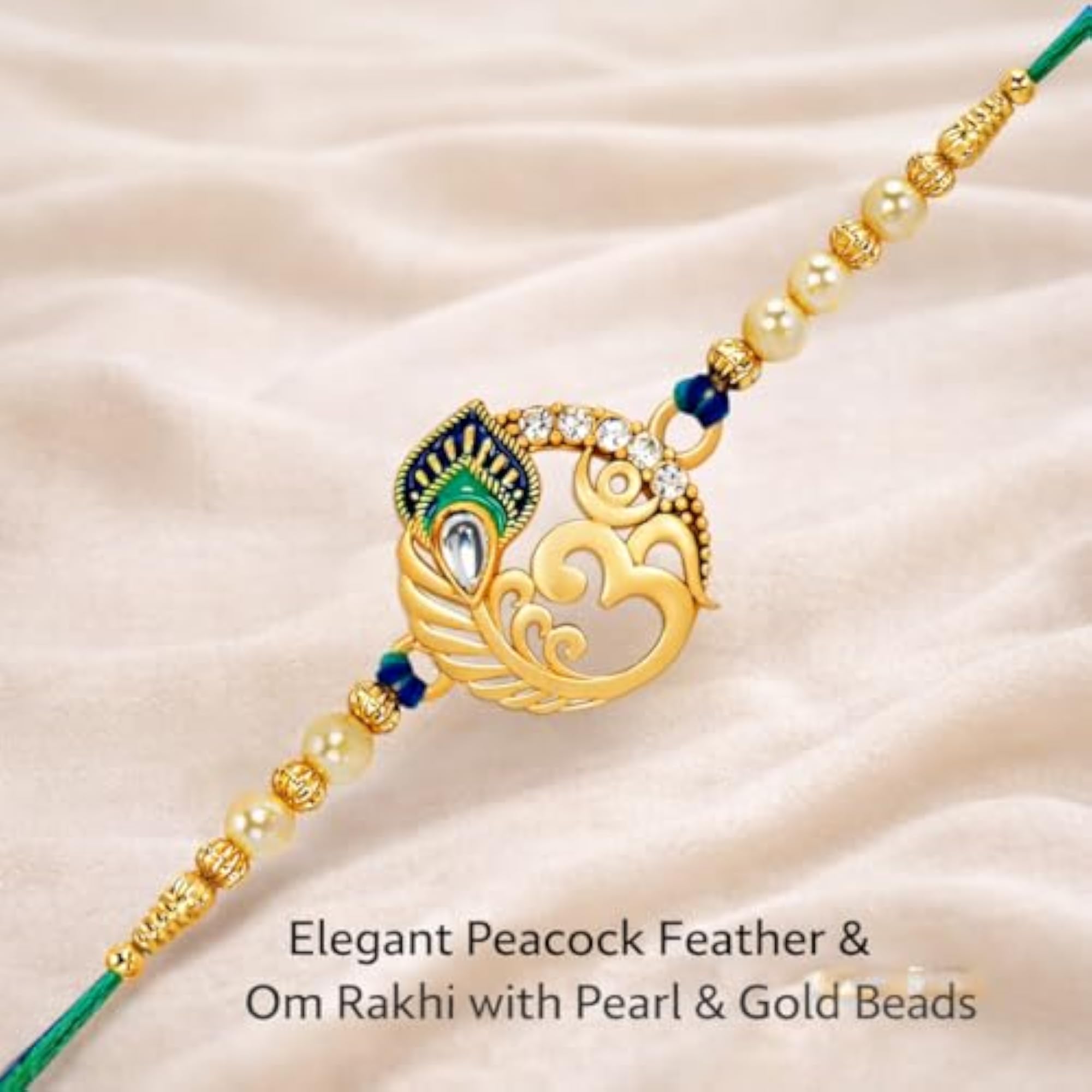 Meenakari Om and Peacock Feather Rakhi with Roli Chawal