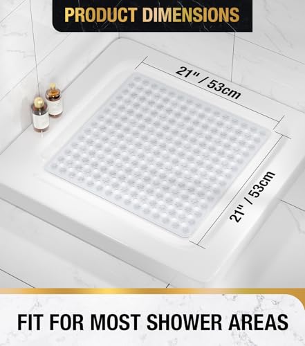 Image of HITSLAM Shower Mat Anti Slip, Square Bath Mat for Tub Non Slip with Suction Cups and Drain Holes, 21x21 Inch Bathroom Shower Stall Floor Mat, Machine Washable, Soft on Feet, Clear