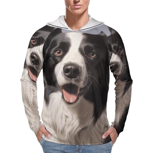 Men's Sun Shirts UPF 50+ Rash Guard Long Sleeve Sun Protection Hoodie Border Collie Lightweight Shirt XL White