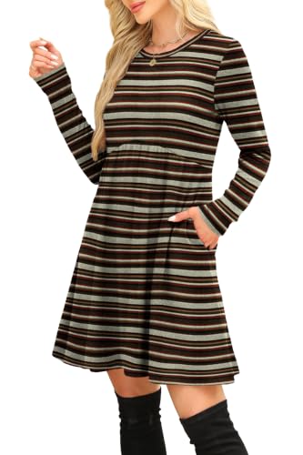 Image of OFEEFAN Long Sleeve Dress for Women Crew Neck Empire Waist Tunic Dress with Pockets