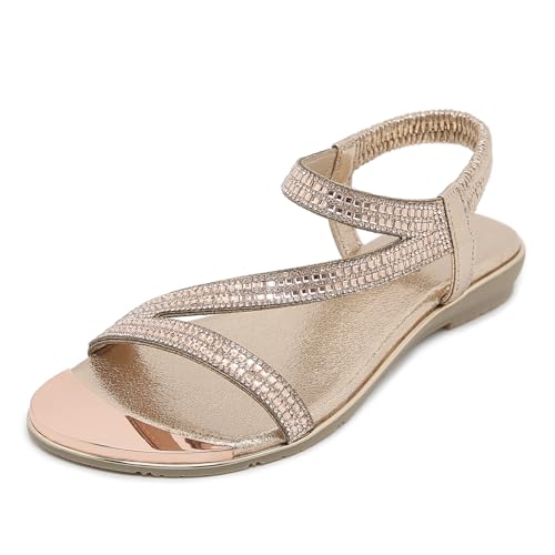 Meeshine Women's Rhinestone Flat Sandals Open Toe Comfortable Dressy Summer Ankle Casual Wedding Party Beach Sandals