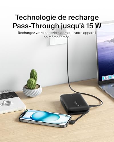 Belkin BoostCharge Batterie Externe 10 000 mAh Portable avec câble intégré (PD 20 W, Recharge Rapide USB-C Power Delivery, pour Tous Les modèles de l'iPhone 16/15, iPad Pro, Galaxy S24, etc.)