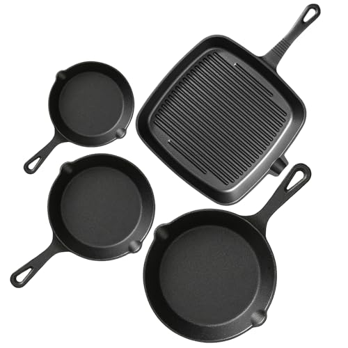 YIYOBEATFO Pre-Seasoned Cast Iron skillets,4 Piece Durable Pots and Pans Set with Handle Covers for Grill, BBQ, Camping Fire, Stovetop, Kitchen and Camping Cookware YIYOBEATFO Pre-Seasoned Cast Iron skillets,4 Piece Durable Pots and Pans Set with Handle Covers for Grill, BBQ, Camping Fire, Stovetop, Kitchen and Camping Cookware