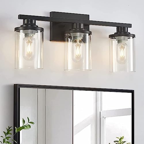Image of Bathroom Vanity Light, 3-Light Modern Matte Black Wall Sconce Lighting with Clear Glass Shade, Black Wall Lights, Vanity Lighting Over Mirror for Bedroom, Living Room-1Pack