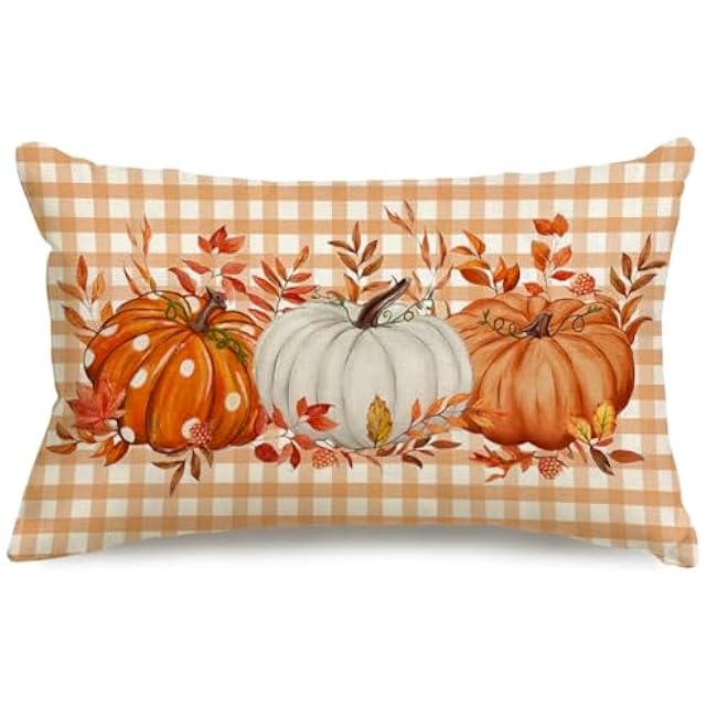 Fall Pillow Cover 12x20 Inch Pumpkin Buffalo Pliad Dots Fall Pillows Maple Leaves Decor Autumn Thanksgiving Decorative Farmhouse Cushion Case for Sofa Couch (Orange)