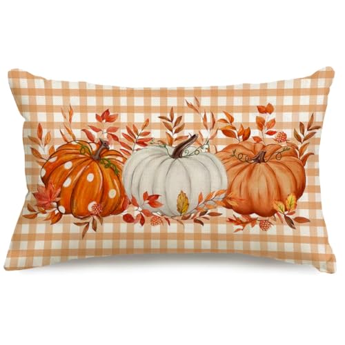 Image of Fall Pillow Cover 12x20 Inch Pumpkin Buffalo Pliad Dots Fall Pillows Maple Leaves Decor Autumn Thanksgiving Decorative Farmhouse Cushion Case for Sofa Couch (Orange)