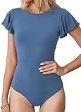 LAOLASI Body de cuello redondo con volantes, manga corta, ajuste delgado, casual, básico, elástico, para uso diario, 03 Denim Azul, Large