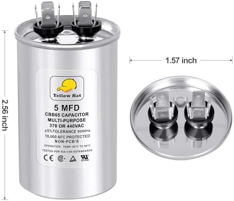 Capacitor for Air Conditioner 5 uf MFD 370 or 440 Volt VAC, Multi-Purpose Round Capacitor for AC Motor Run or Fan Motor Start or Condenser Straight