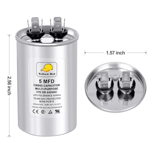 Capacitor for Air Conditioner 5 uf MFD 370 or 440 Volt VAC, Multi-Purpose Round Capacitor for AC Motor Run or Fan Motor Start or Condenser Straight