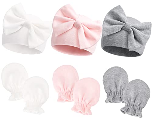 Image of Newborn Hospital Hats Gloves Baby Infant Bow Beanie Cotton Caps No Scratch Hat Mittens Set for 0-6 Months