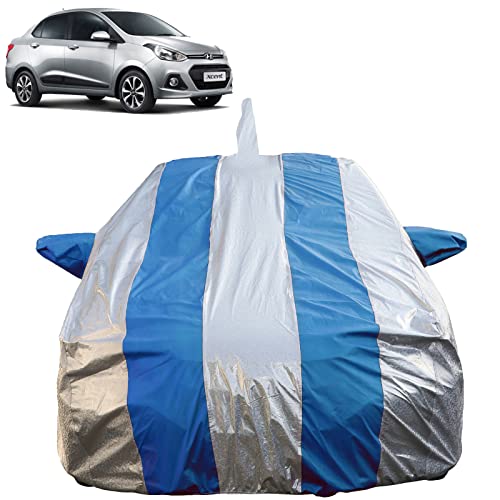 Image of Autofact Waterproof Car Body Cover Compatible with Hyundai Xcent (2014 to 2020) with Mirror and Antenna Pockets (Blue Stripes with Shinning Silver Fabric /Waterproof Cover)