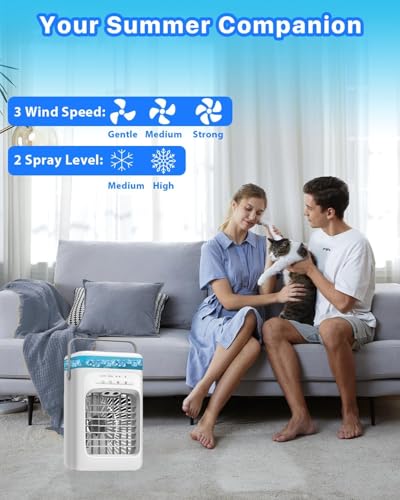 Portable Air Conditioner, 4-in-1 Evaporative Air Cooler, Personal Cooling Fan with 3 Speeds, 2 Mist Modes, 7 LED Night Light, 2-4H Timer, Quiet Mini Air Cooler for Bedroom Office C image 6