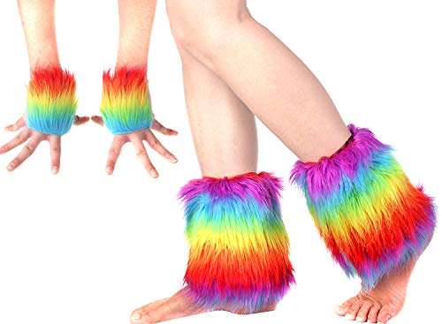 Women Girl Faux Fur Boots Shoes Cuffs Leg Warmers Fingerless Fur Gloves Costume Party Set (H)