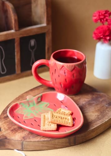 Image of WEAVING HOMES Handcrafted Ceramic Mug 250ml & Dessert Plate Set Strawberry Design Microwave Safe to Gift to Best Friend and Love Og Strawberry Mug & Dessert Plate (Set of 2, Multicolor)
