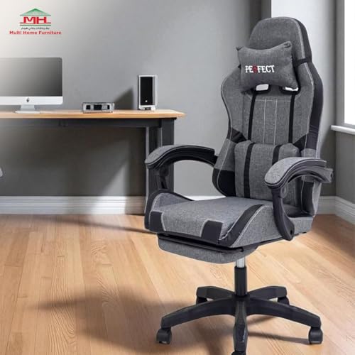كرسي العاب رمادي واسود من مالتي هوم فيرنتشر | كرسي مريح بظهر مرتفع مع مسند قدم ومسند راس قابل للتعديل | كرسي مكتب دوار مع دعم قطني لاعداد الالعاب ودعم الظهر