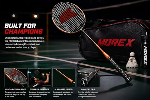 Image of Morex Carbon Graphite Badminton Racket with Full Cover Bag | Durable Carbon Shaft & Curve Frame for Better Sweet Spot & Smash Power | Ideal for Beginners & Advanced Players (Black & Orange)