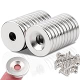 MIN CI Strong Neodymium Disc Magnets with Holes, 20 Pcs Heavy Duty Countersunk Magnets with Screw, Small Ring Rare Earth Metal Magnet s Hole in Center for Wall Mounting 0.7' Dx0.12 H