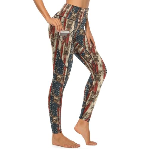 Pantalon de yoga avec poches pour femmes motif cerf américain