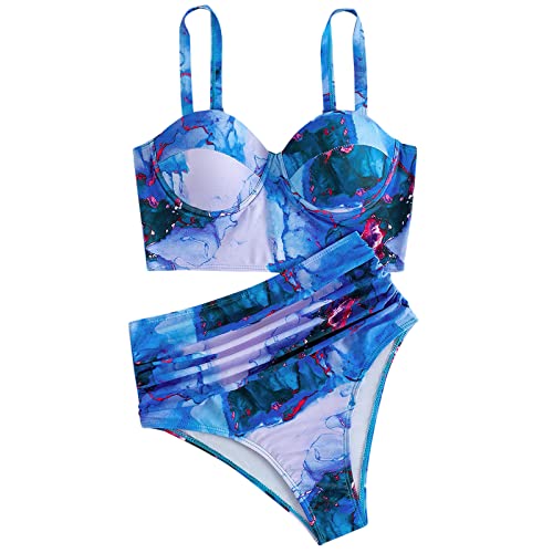 ZGNB Tankini Damen GroßE GrößEn, Shaping Effekt Damen Triangle Wide Underbust Band Tankini Damen Bauchweg 44 HäKel Bikini Badeanzug Sport Damen Sportbikini Tankini Mit Shorts, Himmelblau, L Cover