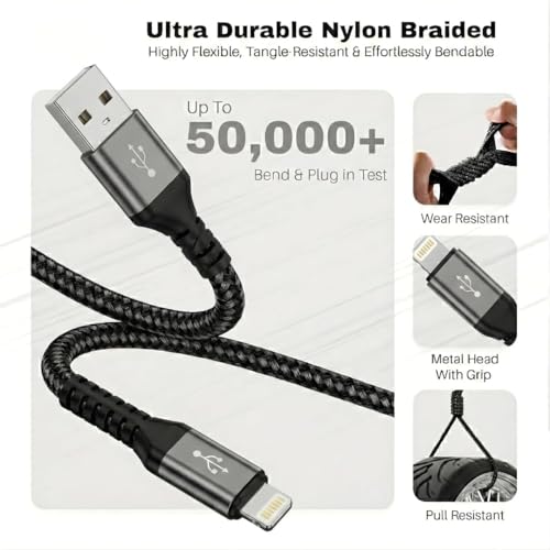 Image of USB-A to I Cable, 27W MFi Certified Fast Charging Cable, Nylon Braided 1.2M, 480Mbps Data Sync, Grey, Compatible with lPhone 14 /13 /12 /11 /X /XS /XR /8 Plus, lPad Mini /Air /Pro(Free Cable Protectors)