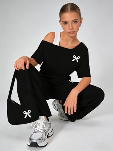 Image of Teen Girls Clothes Off the Shoulder Top and Wide Leg Pants Matching Outfit Set with Pockets Size 7-16