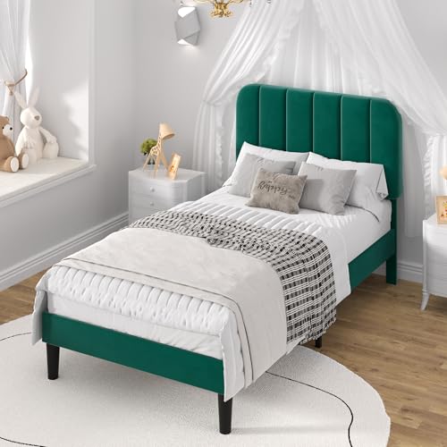 Image of VECELO Twin Size Bed Frame with Upholstered Headboard, Velvet Platform Bedframe Mattress Foundation, Strong Wood Slat Support, No Box Spring Needed,Green