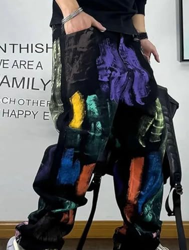 Men’S Trendy Hip Hop Graffiti Baggy Straight Denim Cargo Trousers Slim Fit Full Length Button Fly Midweight Fashion Pants4