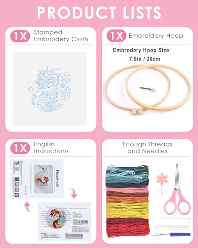 Image of TINDTOP Embroidery Kit for Beginners Adult, Dragon Embroidery Kit for Beginners Include Embroidery Cloth Hoops Threads for Craft Lover Hand Stitch with Embroidery Skill Techniques | for Beginners Include Embroidery Cloth Hoops Threads for Craft Lover Hand Stitch with Embroidery Skill Techniques
