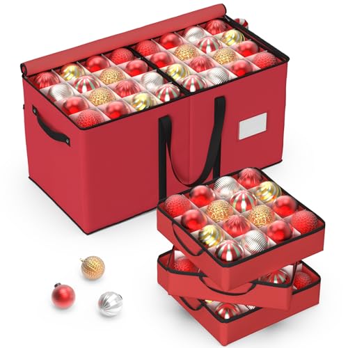 Pattiumo Christmas Ornament Storage Box with 8 Stackable Trays, Holds 128 Ornaments, Foldable Vertical Organizer with 2 Pockets, 600D Oxford Fabric, for Closet Attic Basement Storage